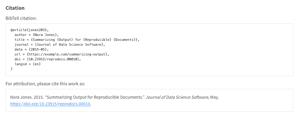 Appearance of a journal citation in document appendix with both BibTex and plain text citations given for attribution.