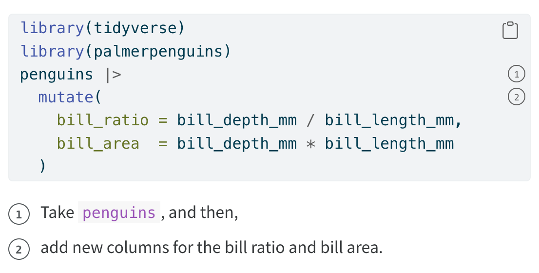 Screenshot a code chunk with annotations. Annotations appear in the code chunk as numbers within circles, and repeat below the code chunk along with the text content of the annotations.