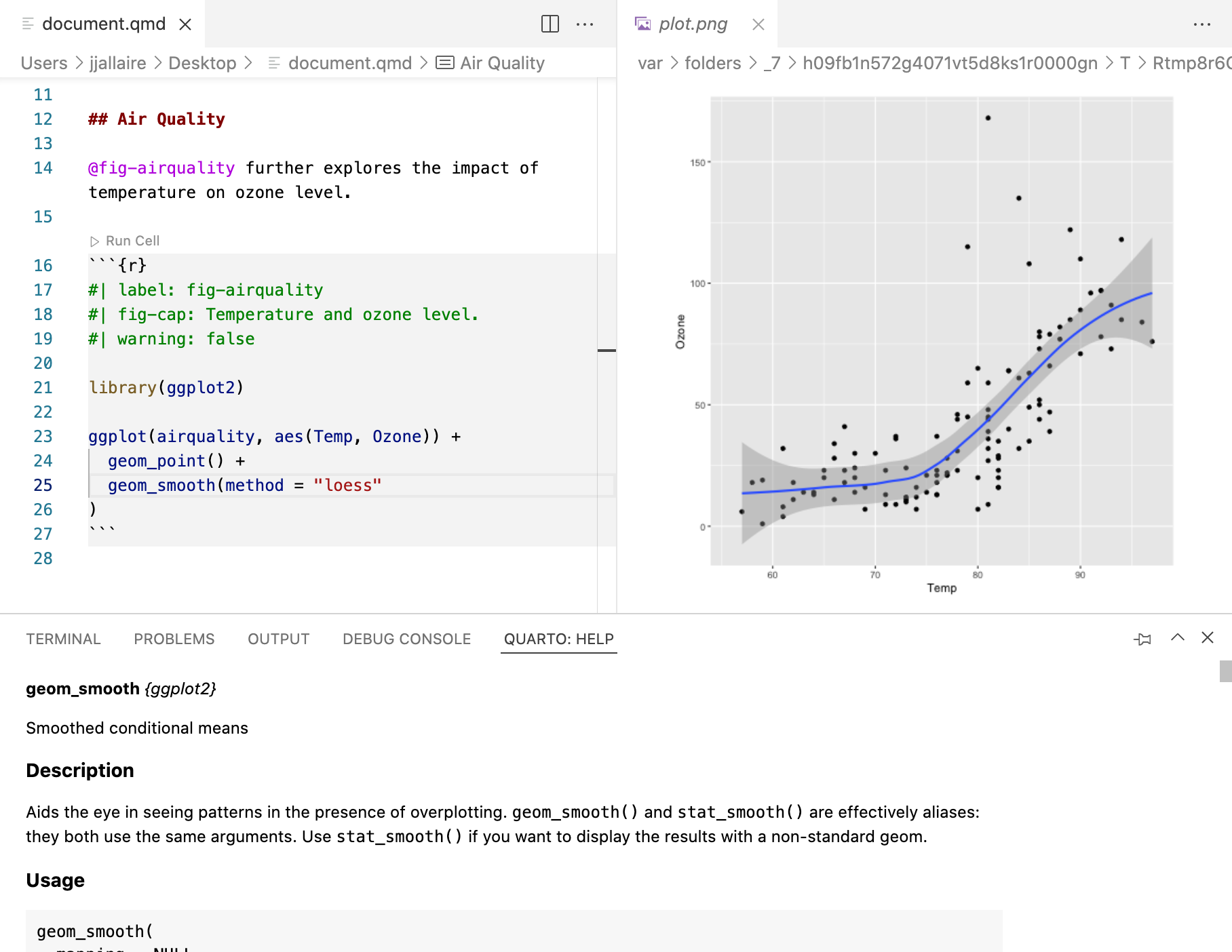 Screen shot of qmd file open in VS code with source markdown shown in left pane and output plot shown in the right.