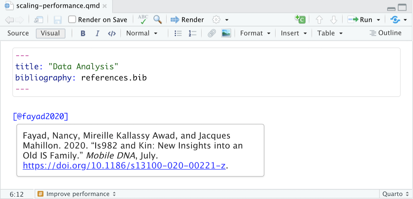 An R Markdown document opened in the R Studio Visual Editor. The citation '@fayad2020' is surrounded in brackets. A citation preview that appears as a result of mousing over this citation is displayed. This preview includes a full citation in MLA format of the '@fayad2020' citation.