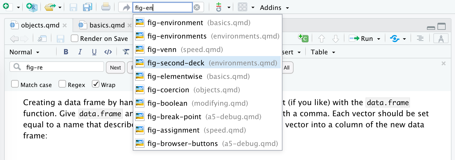 The top part of an RStudio IDE window. The phrase 'fig-en' is typed into the search bar at the center top of the page and search results appear underneath it. Each of the search results has a title of the form 'fig-en*' in black, an image icon to the left, and the file location in parentheses and light gray text to the right.